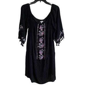 Love Fire Embroidered Dress Tassel Bell Sleeve Bohemian Black‎ XL Gauzy Material